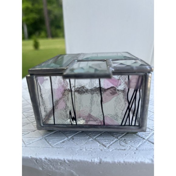 1980s STAINED GLASS MIRROR JEWELRY TRINKET Beveled CUBIST ABSTRACT HINGED BOX - Picture 6 of 12